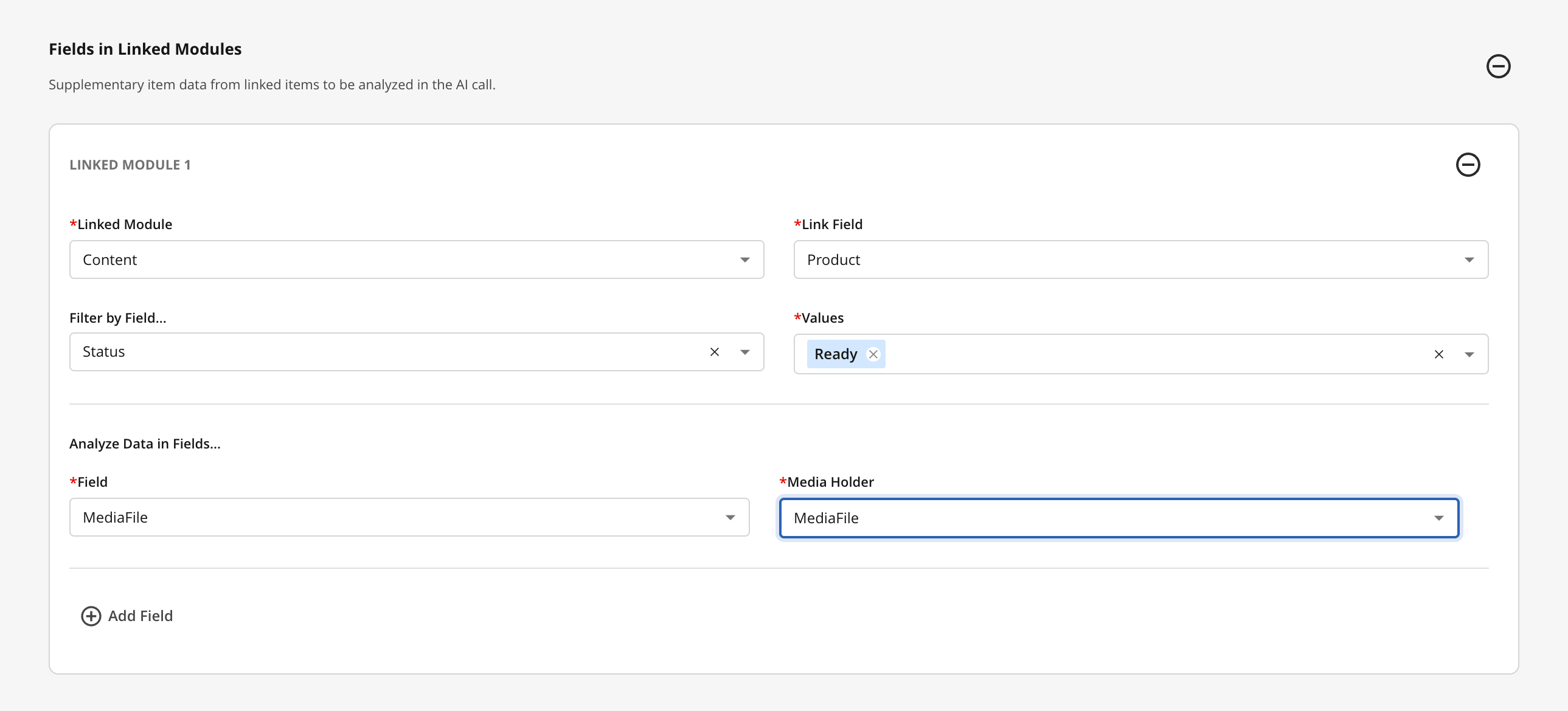 Configuration settings for linked modules, including content and product status filters.